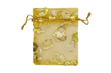 Мішечки з органзи Сердечки золоті 7×9 упаковка 100 шт